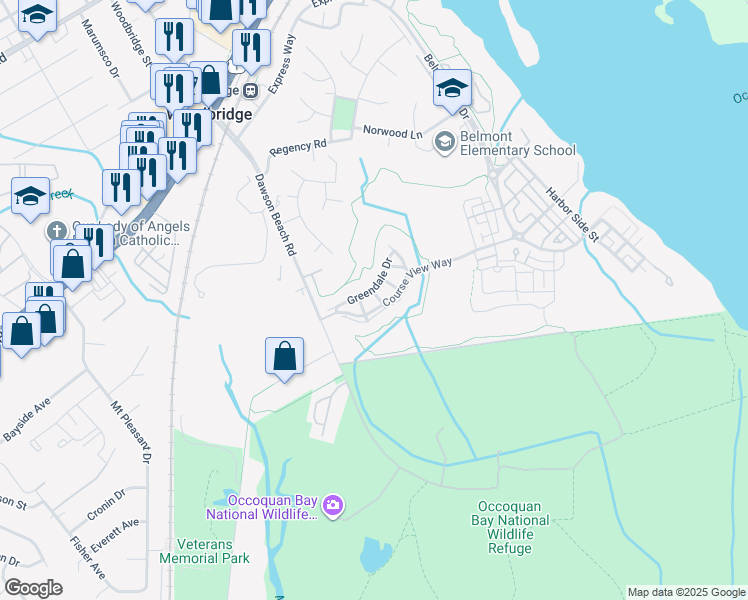 map of restaurants, bars, coffee shops, grocery stores, and more near 747 Collington Court in Woodbridge