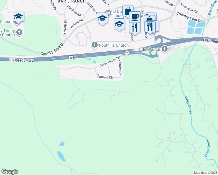map of restaurants, bars, coffee shops, grocery stores, and more near 4860 Canfield Circle in Cameron Park