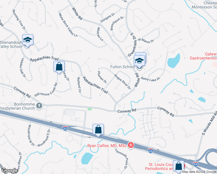 map of restaurants, bars, coffee shops, grocery stores, and more near 1280 Winema Drive in Chesterfield