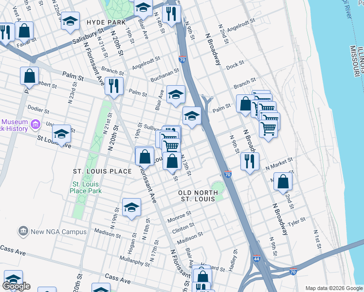 map of restaurants, bars, coffee shops, grocery stores, and more near 1225 Saint Louis Avenue in St. Louis