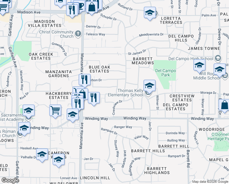 map of restaurants, bars, coffee shops, grocery stores, and more near 6053 Northcrest Circle in Carmichael