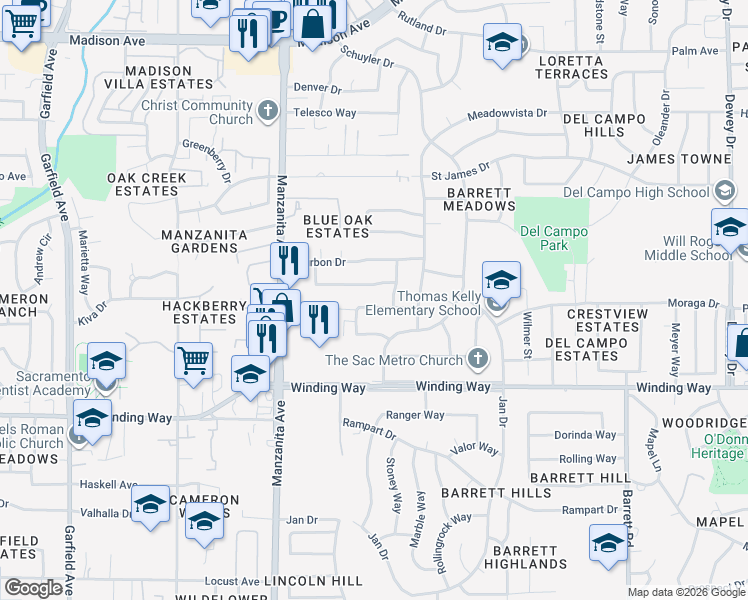 map of restaurants, bars, coffee shops, grocery stores, and more near 6053 Northcrest Circle in Carmichael