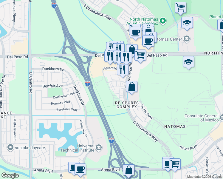 map of restaurants, bars, coffee shops, grocery stores, and more near 17 Advantage Court in Sacramento