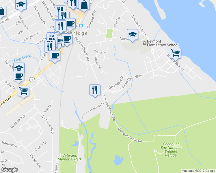 map of restaurants, bars, coffee shops, grocery stores, and more near 13976 Greendale Drive in Woodbridge
