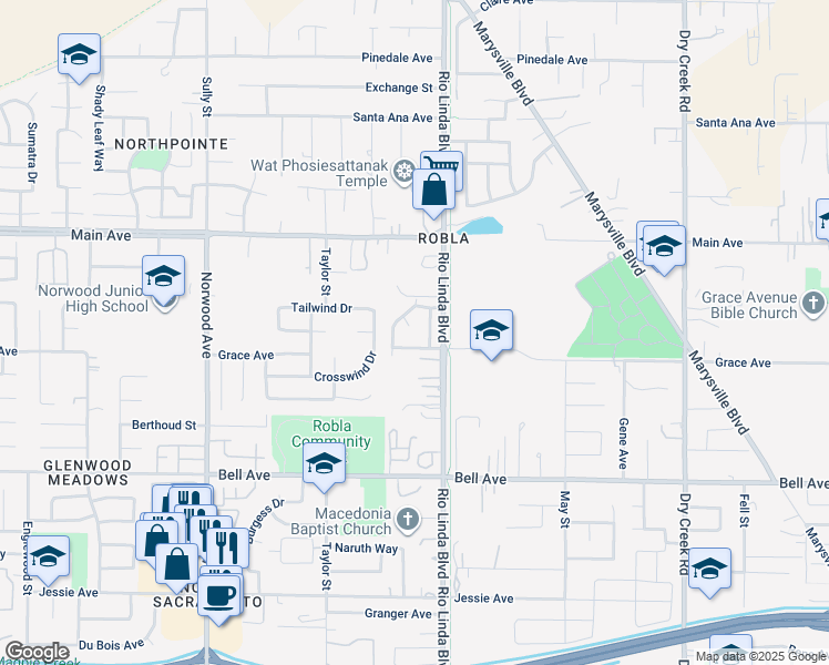 map of restaurants, bars, coffee shops, grocery stores, and more near 23 Oasis Court in Sacramento