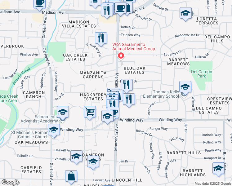 map of restaurants, bars, coffee shops, grocery stores, and more near 4787 Manzanita Avenue in Carmichael