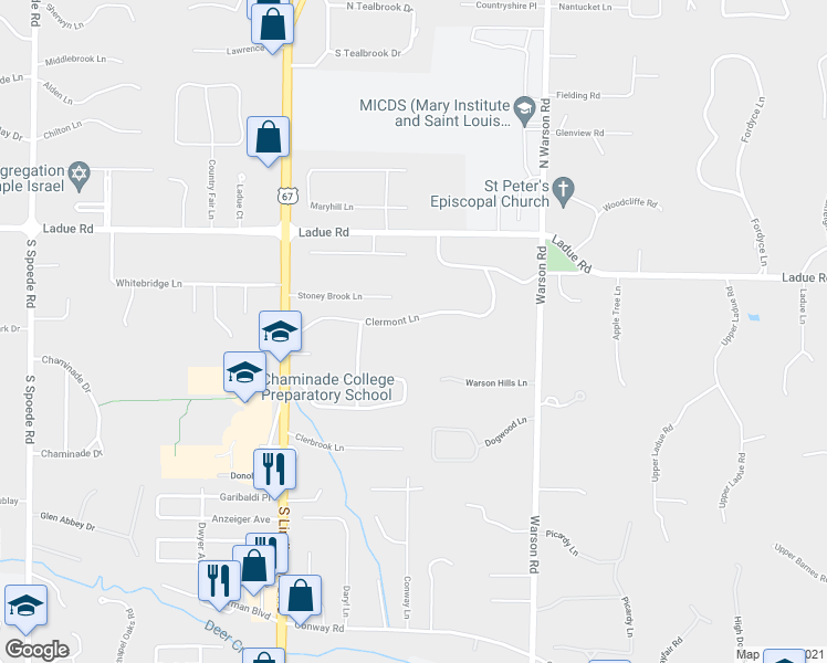 map of restaurants, bars, coffee shops, grocery stores, and more near 24 Clermont Lane in St. Louis