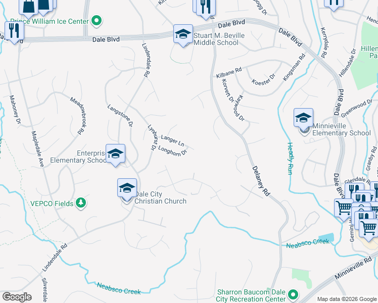 map of restaurants, bars, coffee shops, grocery stores, and more near 4901 Longhorn Drive in Woodbridge