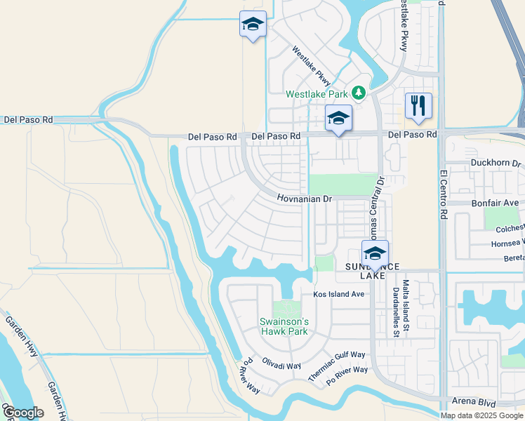 map of restaurants, bars, coffee shops, grocery stores, and more near 4048 Crete Island Lane in Sacramento