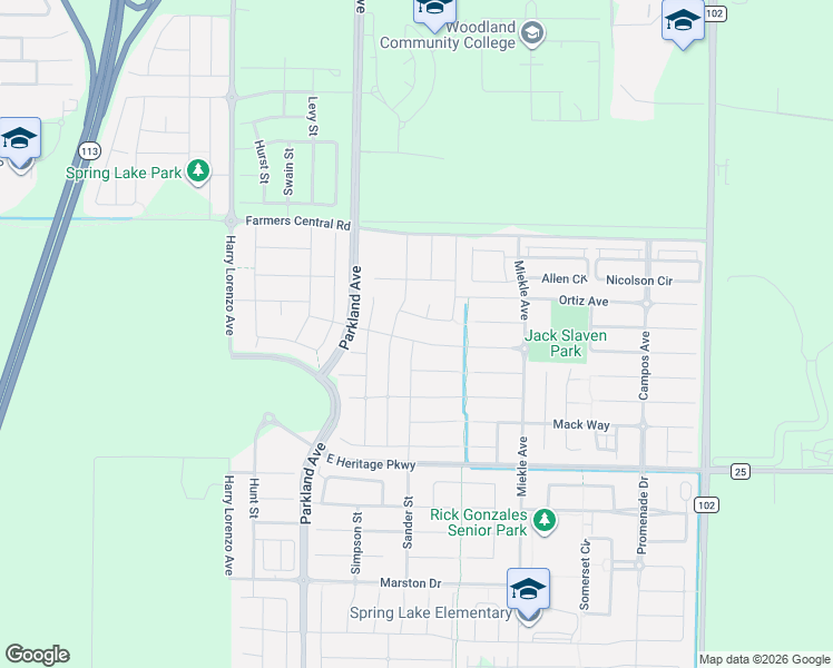 map of restaurants, bars, coffee shops, grocery stores, and more near 2217 Galvin Way in Woodland