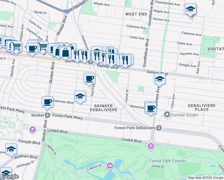 map of restaurants, bars, coffee shops, grocery stores, and more near 5864 De Giverville Avenue in St. Louis