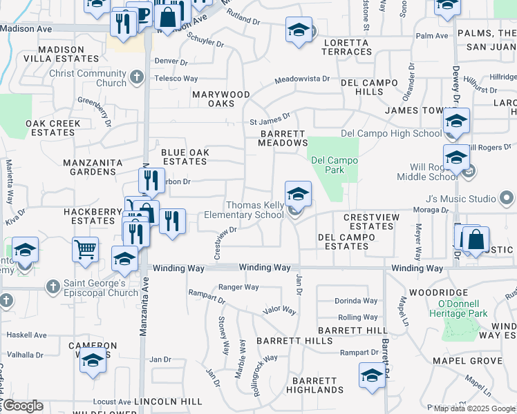 map of restaurants, bars, coffee shops, grocery stores, and more near Etna Court in Carmichael