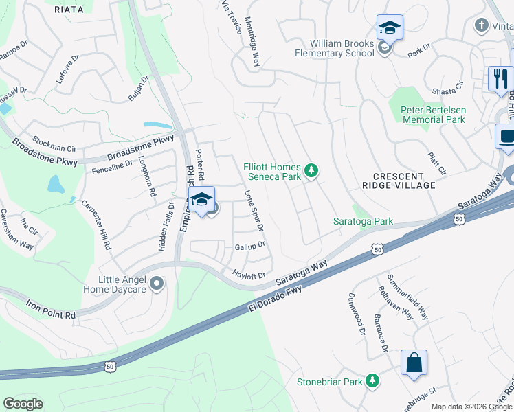 map of restaurants, bars, coffee shops, grocery stores, and more near 384 Lone Spur Drive in Folsom