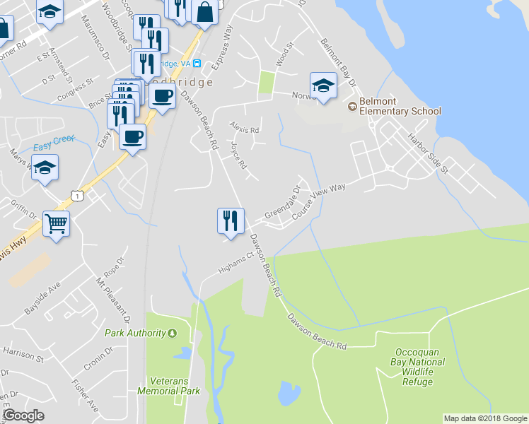 map of restaurants, bars, coffee shops, grocery stores, and more near 13972 Greendale Drive in Woodbridge