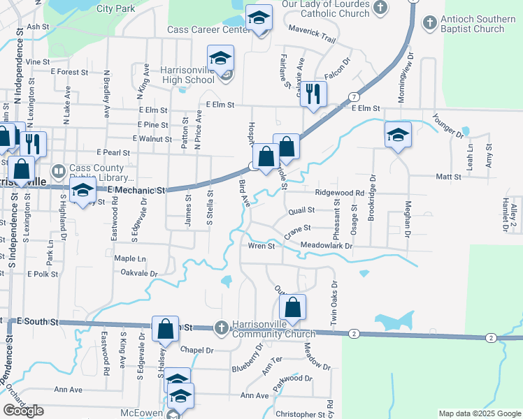 map of restaurants, bars, coffee shops, grocery stores, and more near 1803 Bird Terrace in Harrisonville
