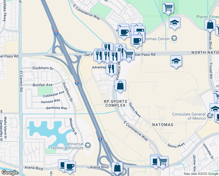 map of restaurants, bars, coffee shops, grocery stores, and more near 2938 Chatelet Walk in Sacramento