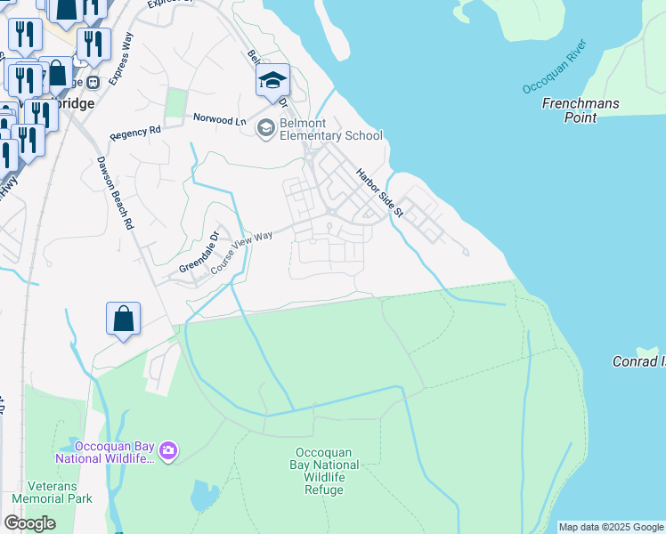 map of restaurants, bars, coffee shops, grocery stores, and more near 631 Angelfish Way in Woodbridge