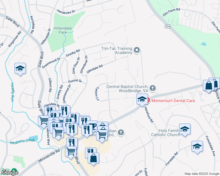 map of restaurants, bars, coffee shops, grocery stores, and more near 13835 Bluefin Drive in Woodbridge