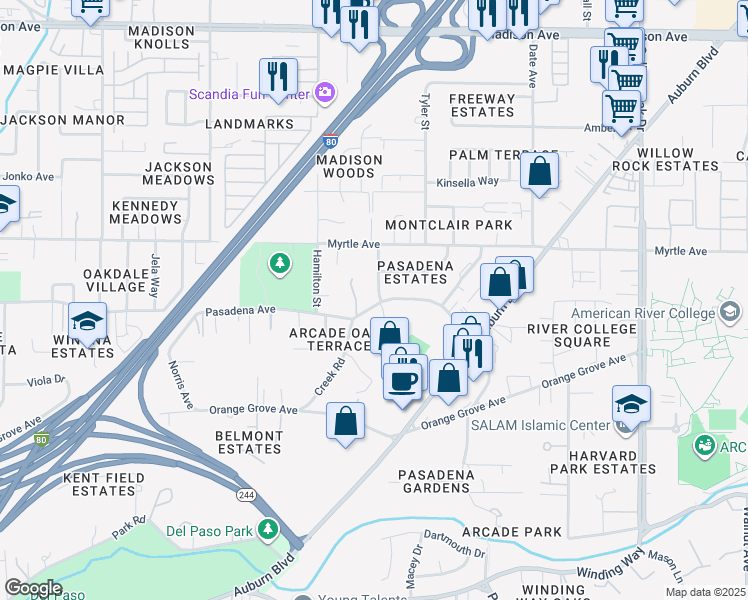 map of restaurants, bars, coffee shops, grocery stores, and more near 4990 Pasadena Avenue in Sacramento