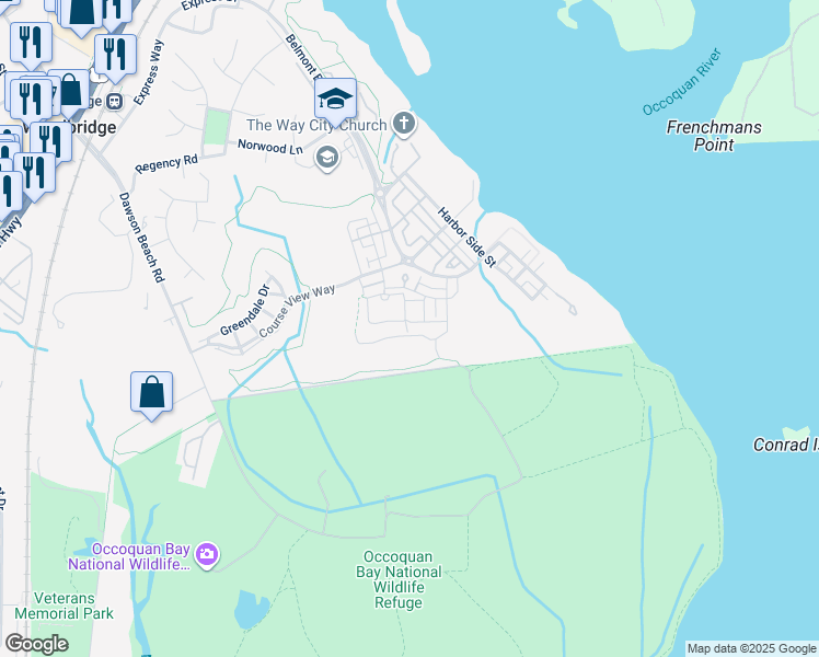 map of restaurants, bars, coffee shops, grocery stores, and more near 631 Angelfish Way in Woodbridge