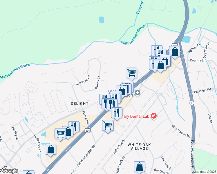 map of restaurants, bars, coffee shops, grocery stores, and more near 2020 Wendy Ct in Waldorf