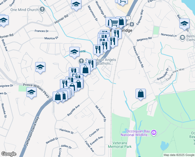 map of restaurants, bars, coffee shops, grocery stores, and more near 1305 Jefferson Plaza in Woodbridge