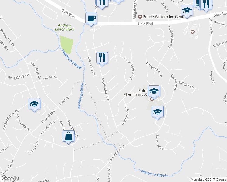 map of restaurants, bars, coffee shops, grocery stores, and more near 5295 Mansfield Court in Woodbridge