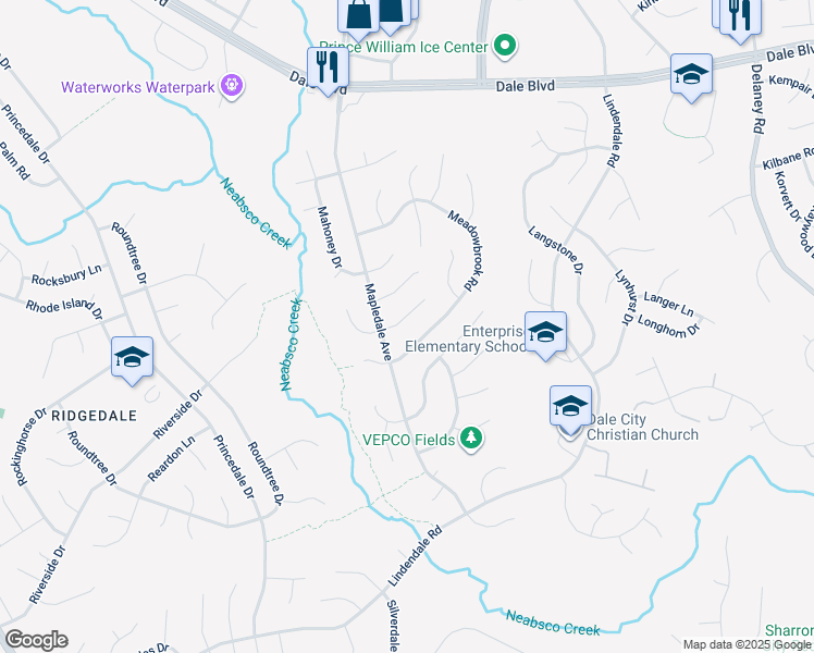 map of restaurants, bars, coffee shops, grocery stores, and more near 5295 Mansfield Court in Woodbridge