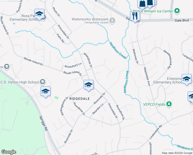 map of restaurants, bars, coffee shops, grocery stores, and more near 5682 Roundtree Drive in Woodbridge