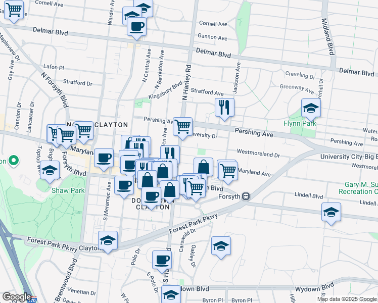 map of restaurants, bars, coffee shops, grocery stores, and more near 7628 Westmoreland Avenue in Clayton
