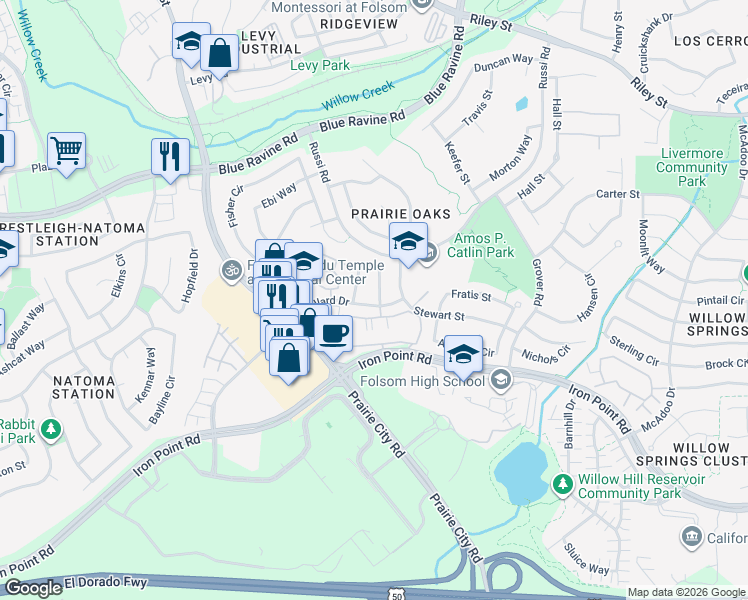 map of restaurants, bars, coffee shops, grocery stores, and more near 437 Ellis Circle in Folsom