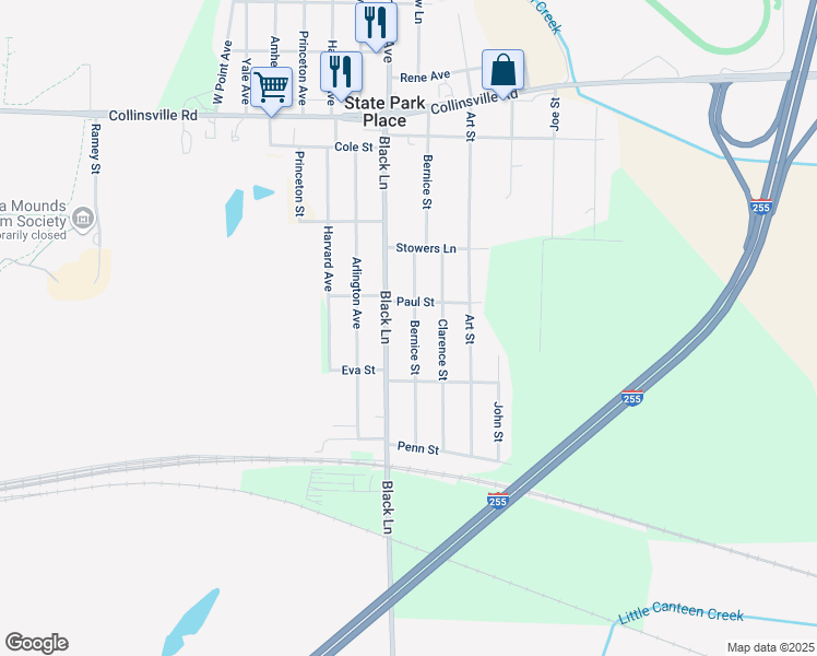 map of restaurants, bars, coffee shops, grocery stores, and more near 409 Bernice Street in Collinsville
