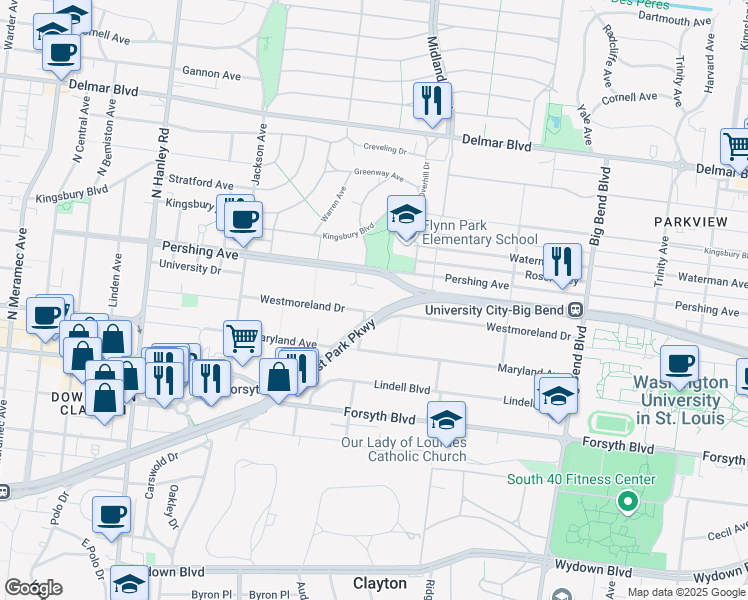 map of restaurants, bars, coffee shops, grocery stores, and more near 7299 Westmoreland Drive in University City