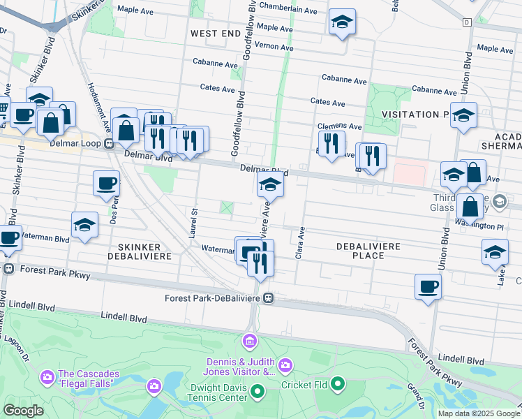 map of restaurants, bars, coffee shops, grocery stores, and more near 501-531 DeBaliviere Avenue in St. Louis