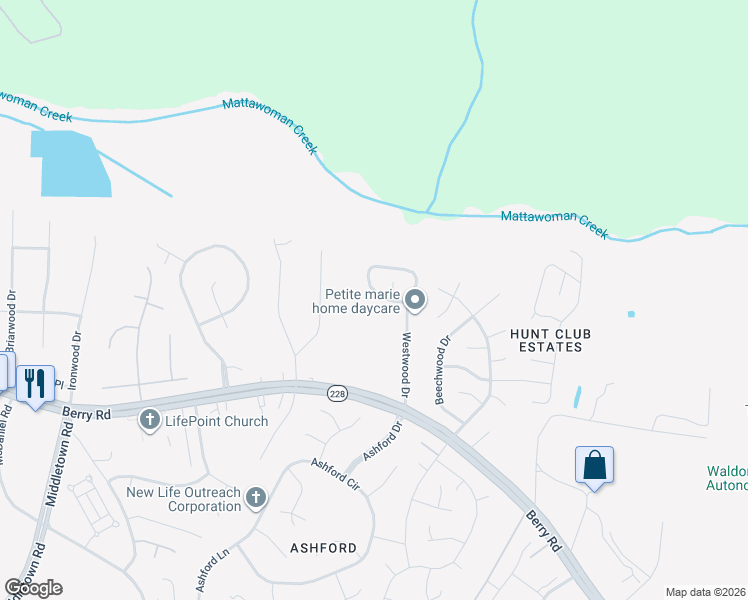 map of restaurants, bars, coffee shops, grocery stores, and more near 2196 Westwood Drive in Waldorf