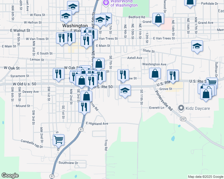map of restaurants, bars, coffee shops, grocery stores, and more near 701 East National Highway in Washington