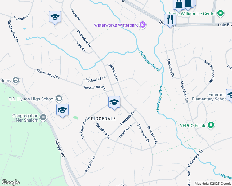 map of restaurants, bars, coffee shops, grocery stores, and more near 13525 Princedale Drive in Woodbridge