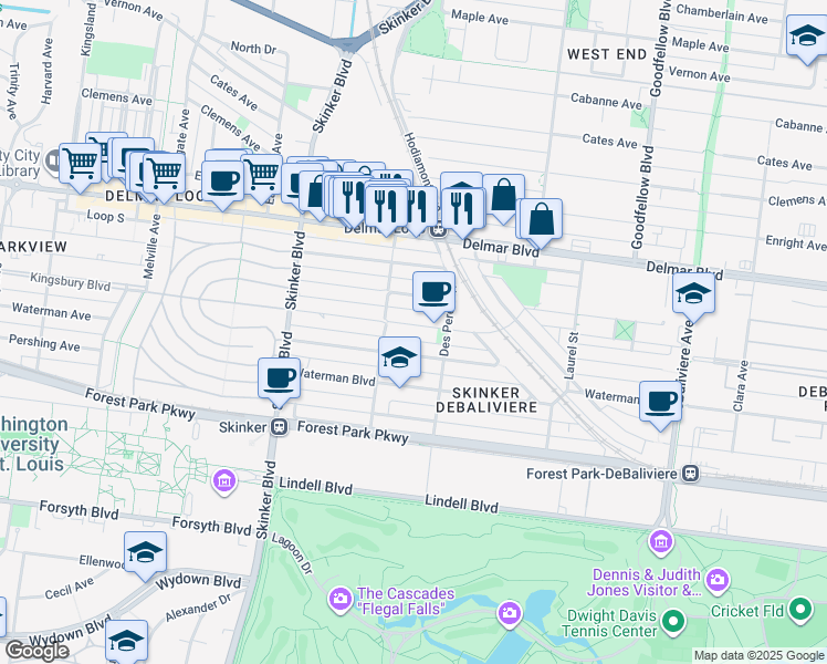map of restaurants, bars, coffee shops, grocery stores, and more near 6034 Kingsbury Avenue in St. Louis