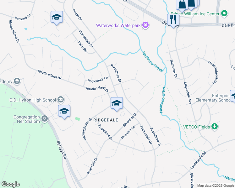 map of restaurants, bars, coffee shops, grocery stores, and more near 13525 Princedale Drive in Woodbridge