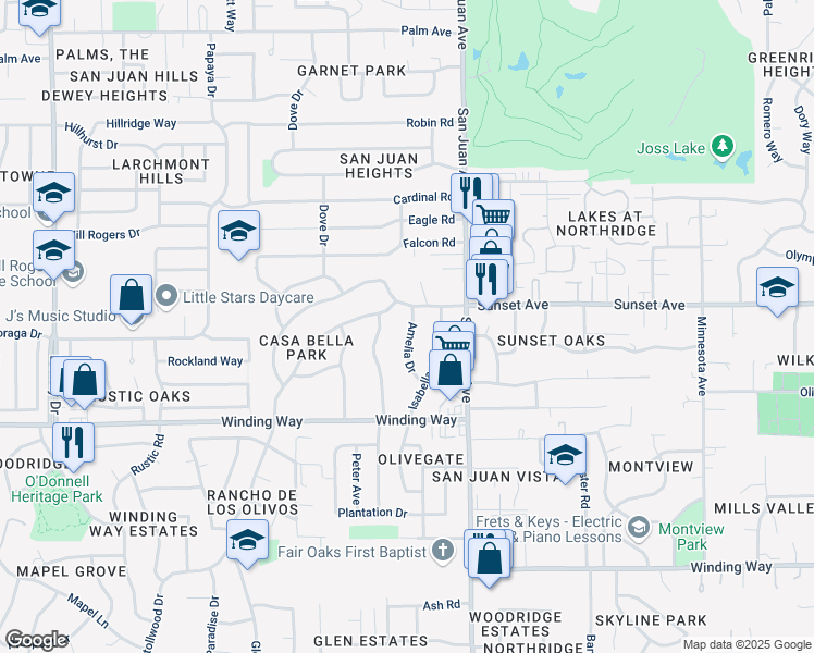map of restaurants, bars, coffee shops, grocery stores, and more near 4753 Amelia Drive in Fair Oaks