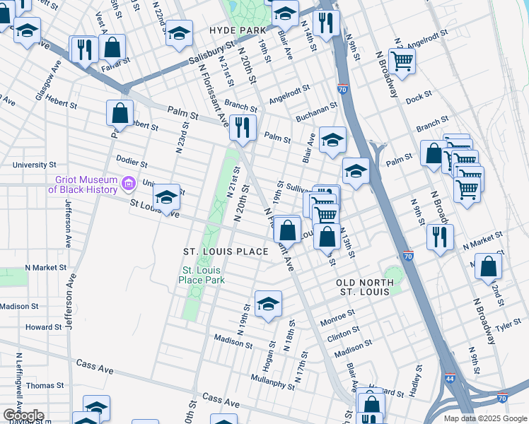 map of restaurants, bars, coffee shops, grocery stores, and more near 1913 Wright Street in St. Louis