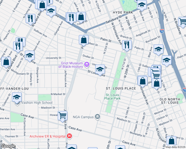 map of restaurants, bars, coffee shops, grocery stores, and more near 2322 Saint Louis Avenue in St. Louis