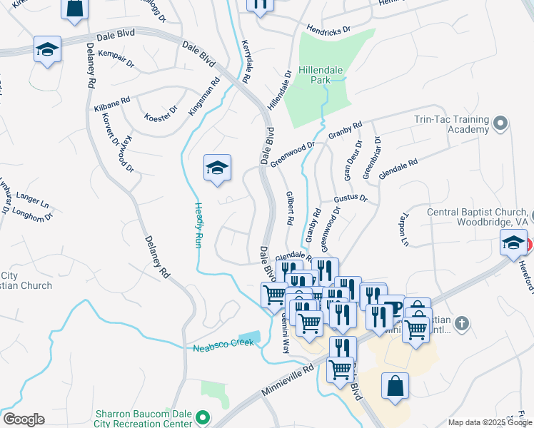 map of restaurants, bars, coffee shops, grocery stores, and more near 4479 Dale Boulevard in Woodbridge