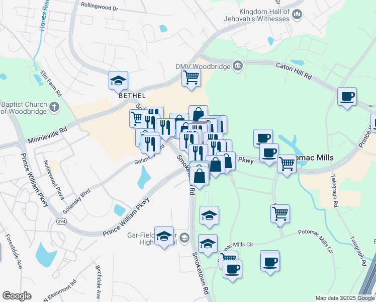 map of restaurants, bars, coffee shops, grocery stores, and more near 3091 Ps Business Center Drive in Woodbridge