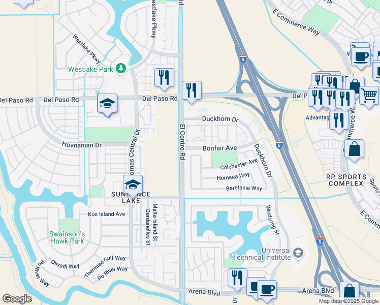 map of restaurants, bars, coffee shops, grocery stores, and more near 270 Aldeburgh Circle in Sacramento