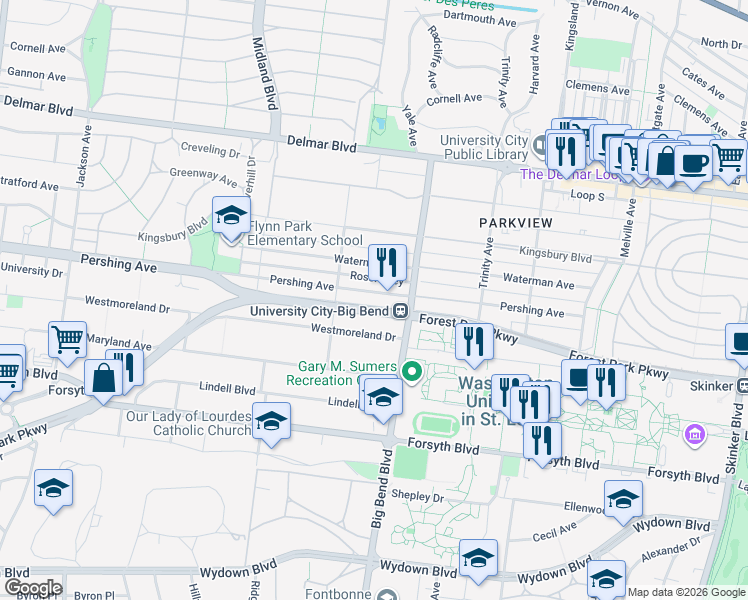 map of restaurants, bars, coffee shops, grocery stores, and more near 7034 Pershing Ave in St Louis