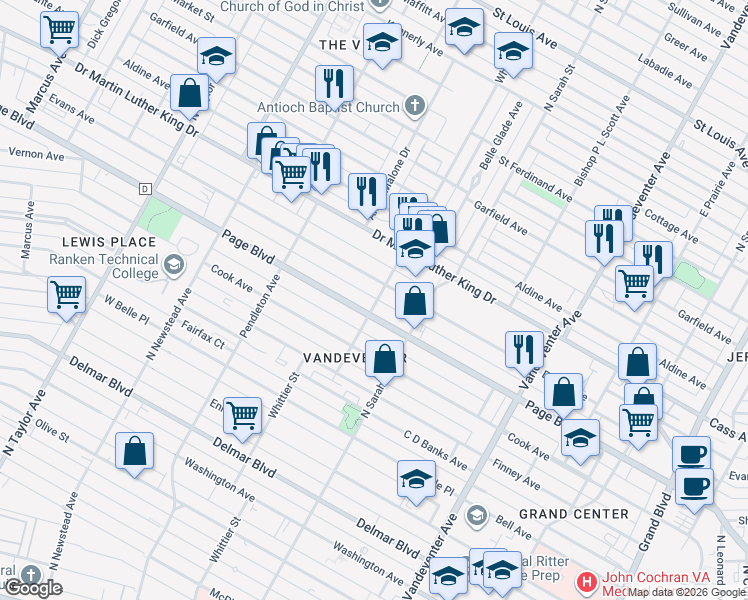 map of restaurants, bars, coffee shops, grocery stores, and more near 1317 Whittier Street in St. Louis