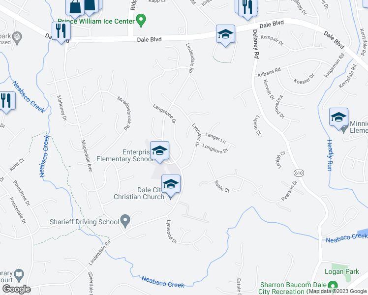 map of restaurants, bars, coffee shops, grocery stores, and more near 13879 Langstone Drive in Woodbridge
