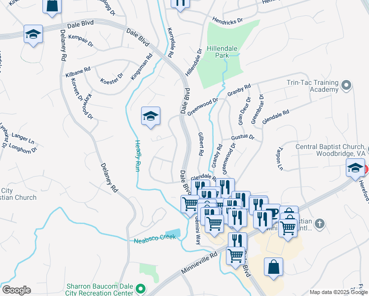 map of restaurants, bars, coffee shops, grocery stores, and more near 4479 Dale Boulevard in Woodbridge