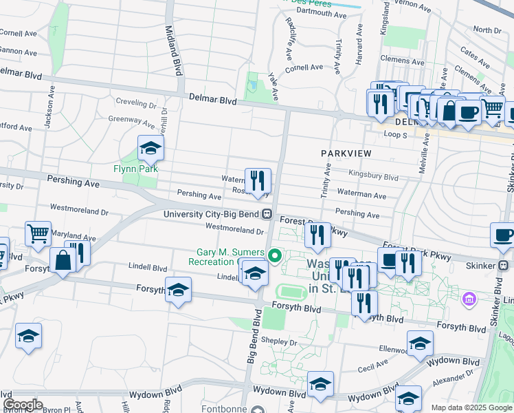 map of restaurants, bars, coffee shops, grocery stores, and more near 7020 Pershing Avenue in University City